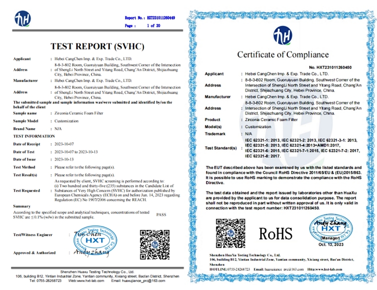 REACH/RoHS Certificate of Zirconia Ceramic Foam Filter