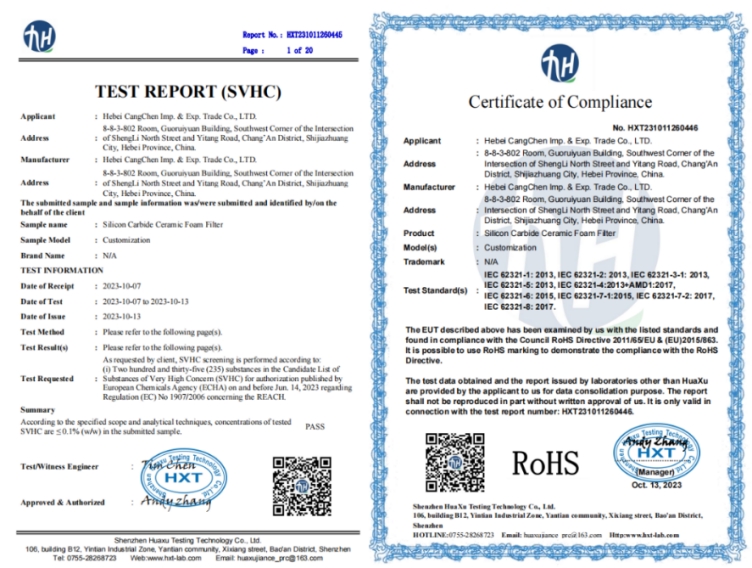 RoHS And Reach Certificate of SIC Ceramic Foam Filter