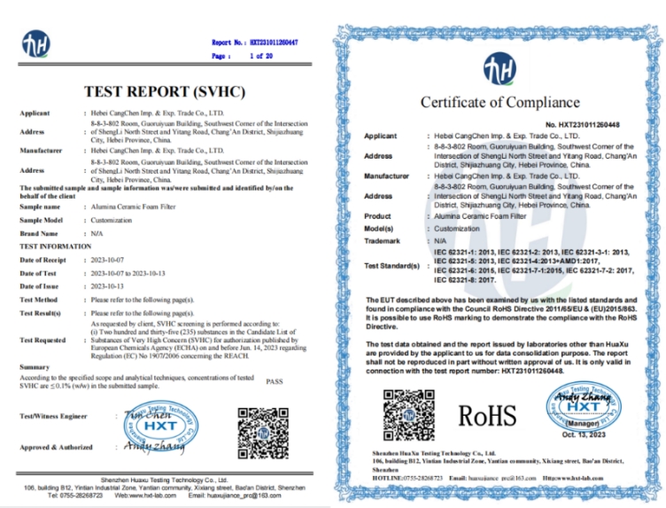 Export alumina ceramic foam filter to Italy with RoHS and Reach Certificate