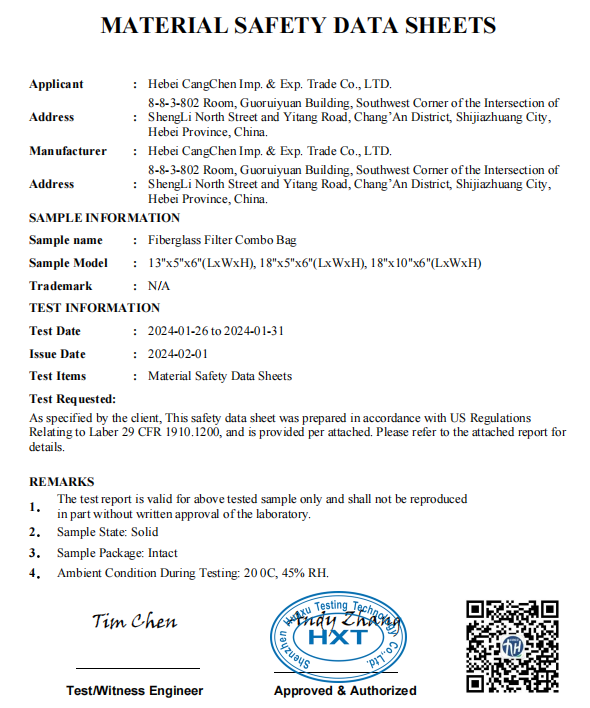 MSDS-USA for fiberglass filter combo bags