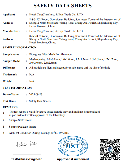 SDS Certified Silica Fiberglass Filter Mesh For Steel Iron And Aluminum Casting Filtration SDS Certified Silica Fiberglass Filter Mesh For Steel Iron And Aluminum Casting Filtration