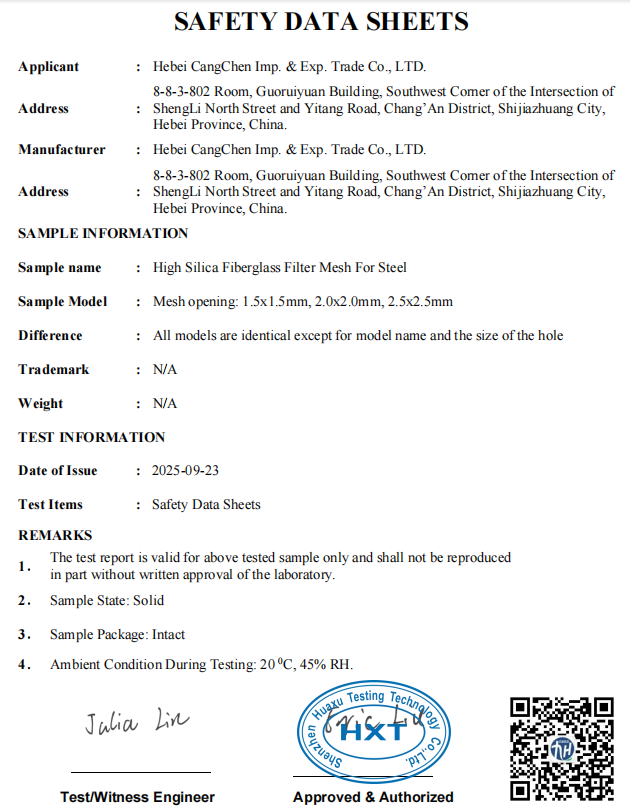 High Silica Fiberglass Cap Filter Mesh For Casting Steel Filtration Use